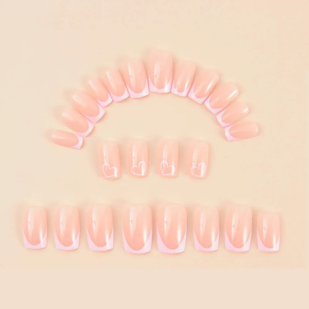 24pcs Medium Square Pink France Full Cover Fake Nail Set - Short Coffin Press On Nails Love Design For Girl Mother Women Gift