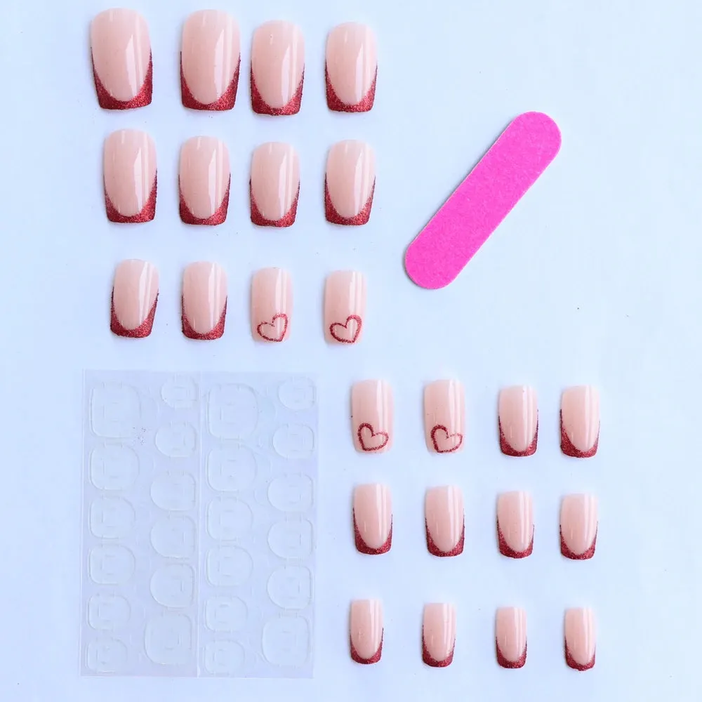 24pcs Medium Square Pink France Full Cover Fake Nail Set - Short Coffin Press On Nails Love Design For Girl Mother Women Gift