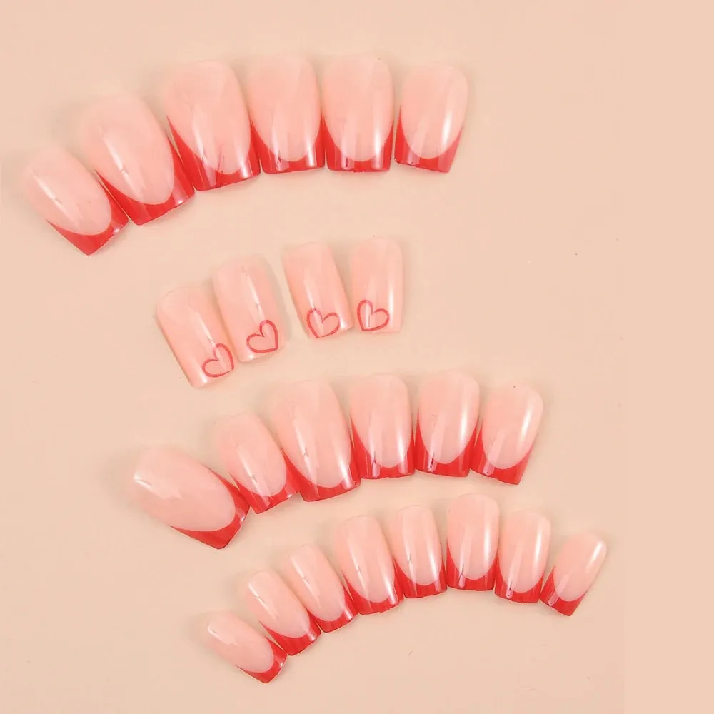 24pcs Medium Square Pink France Full Cover Fake Nail Set - Short Coffin Press On Nails Love Design For Girl Mother Women Gift