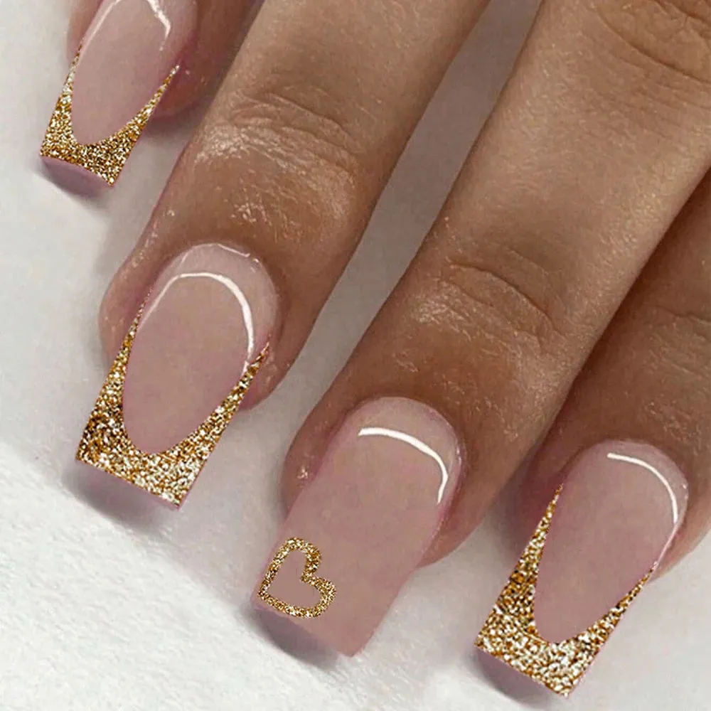 24pcs Medium Square Pink France Full Cover Fake Nail Set - Short Coffin Press On Nails Love Design For Girl Mother Women Gift