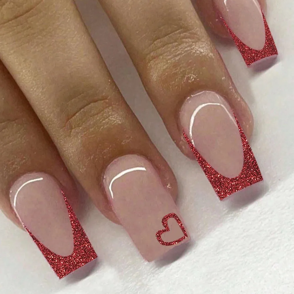 24pcs Medium Square Pink France Full Cover Fake Nail Set - Short Coffin Press On Nails Love Design For Girl Mother Women Gift