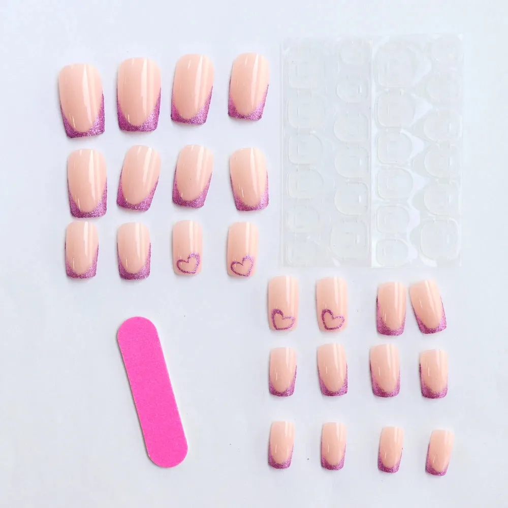 24pcs Medium Square Pink France Full Cover Fake Nail Set - Short Coffin Press On Nails Love Design For Girl Mother Women Gift