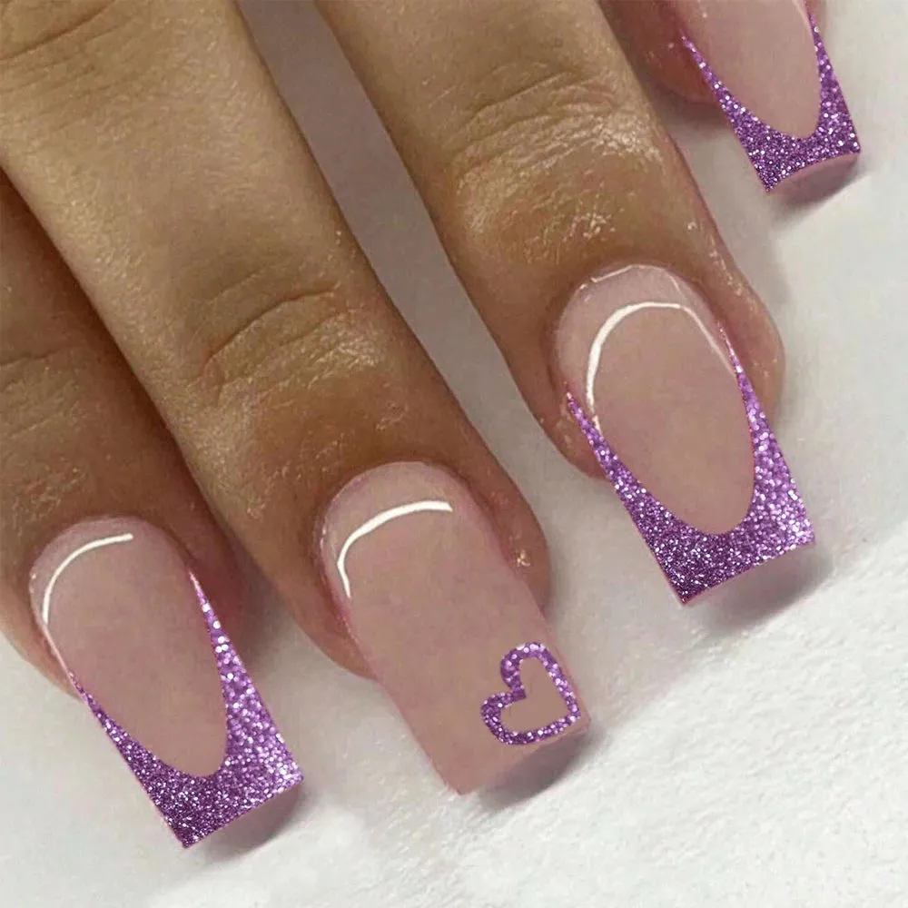 24pcs Medium Square Pink France Full Cover Fake Nail Set - Short Coffin Press On Nails Love Design For Girl Mother Women Gift