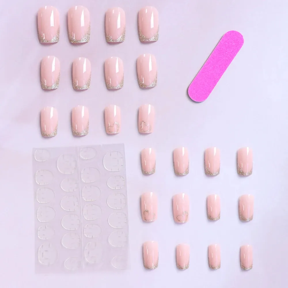 24pcs Medium Square Pink France Full Cover Fake Nail Set - Short Coffin Press On Nails Love Design For Girl Mother Women Gift