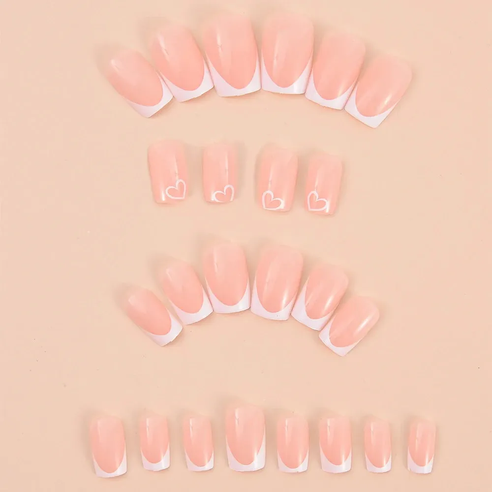 24pcs Medium Square Pink France Full Cover Fake Nail Set - Short Coffin Press On Nails Love Design For Girl Mother Women Gift