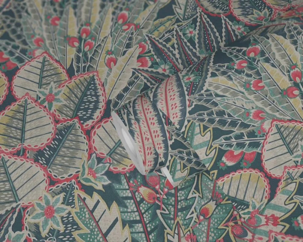 Abstract Leaf Floral Wallpaper in Blue/Green/Red
