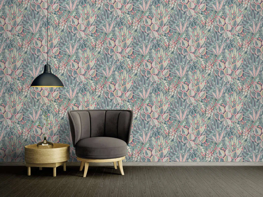 Abstract Leaf Floral Wallpaper in Blue/Green/Red