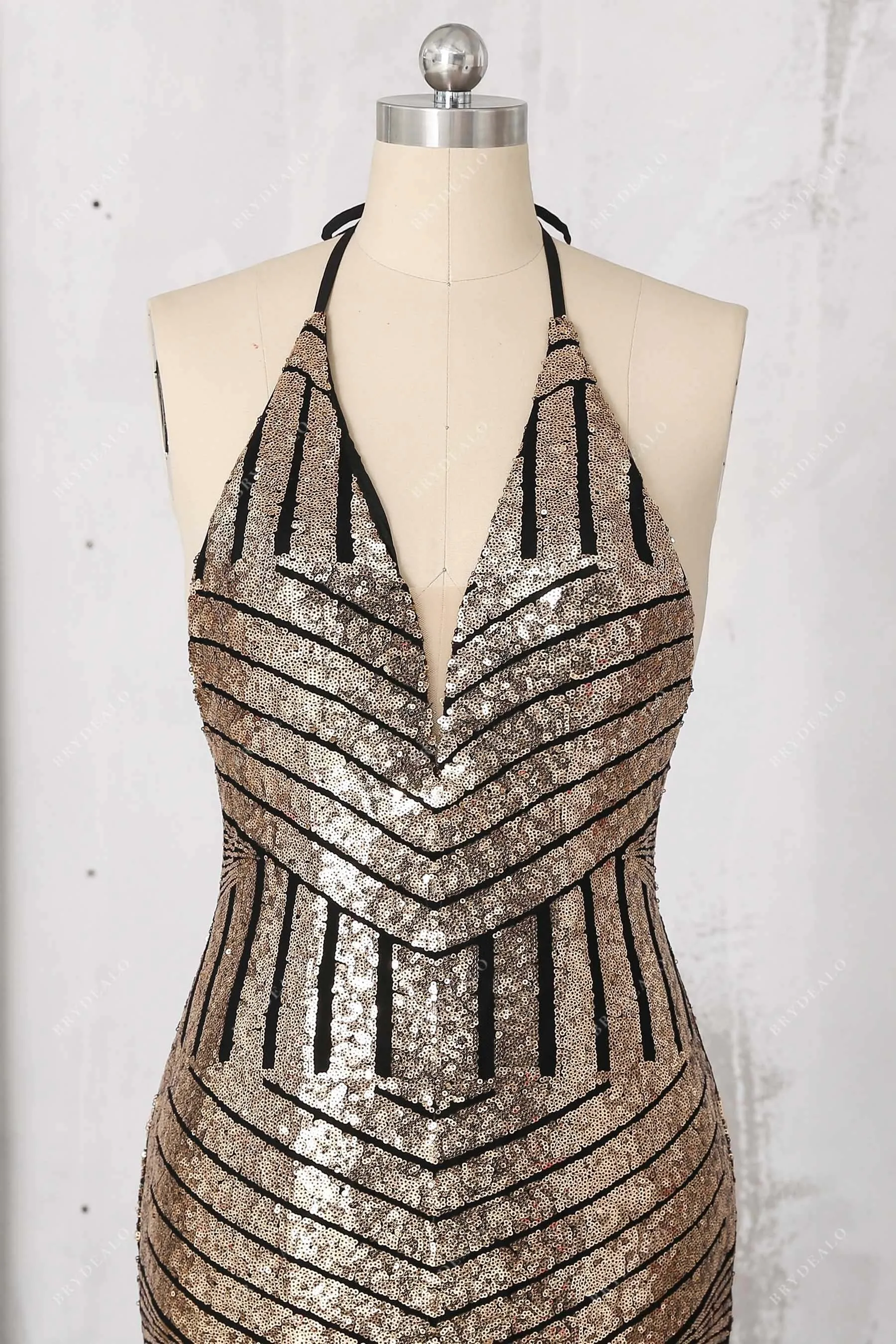 Black Base Gold Sequin Halter Backless Prom Dress