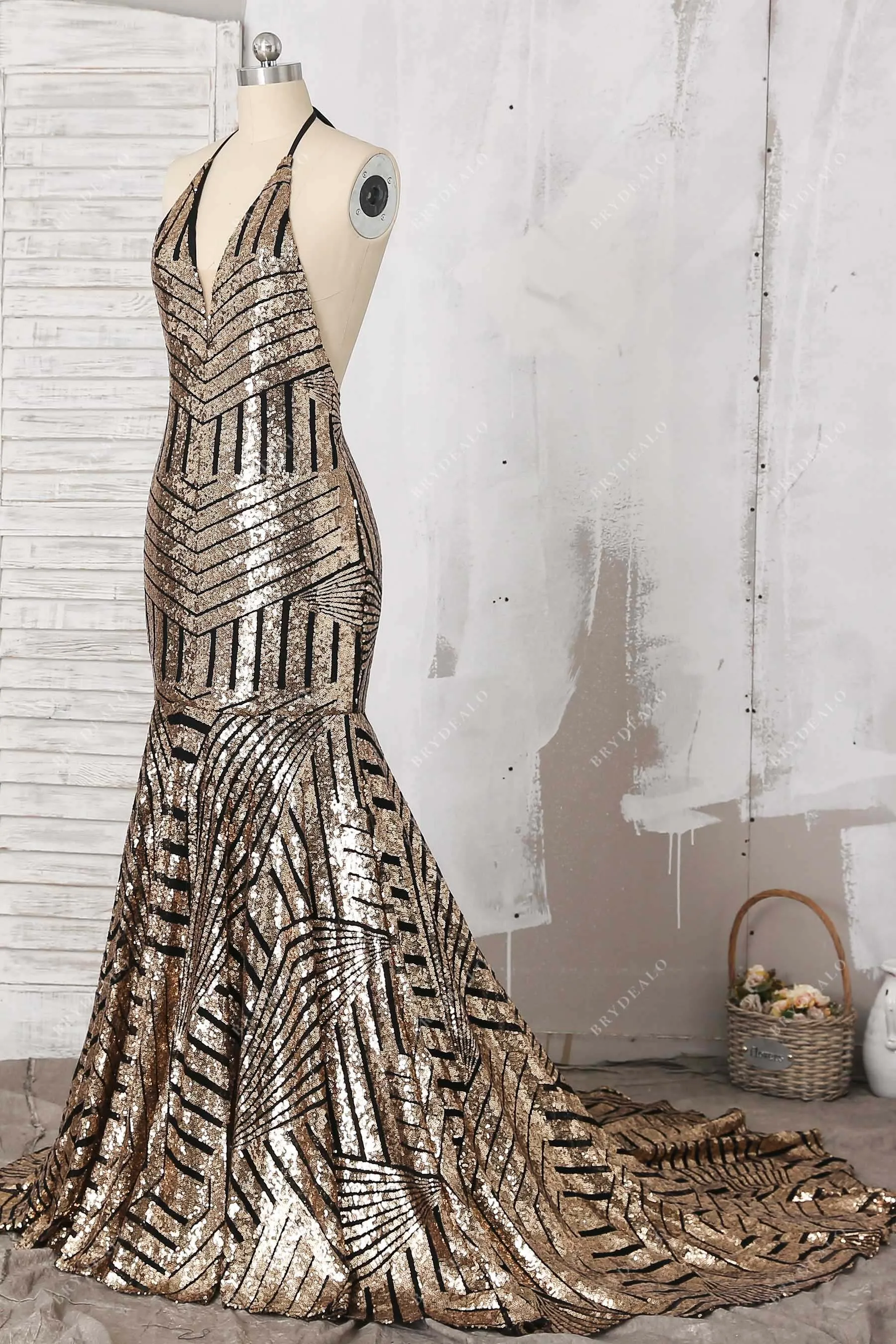 Black Base Gold Sequin Halter Backless Prom Dress