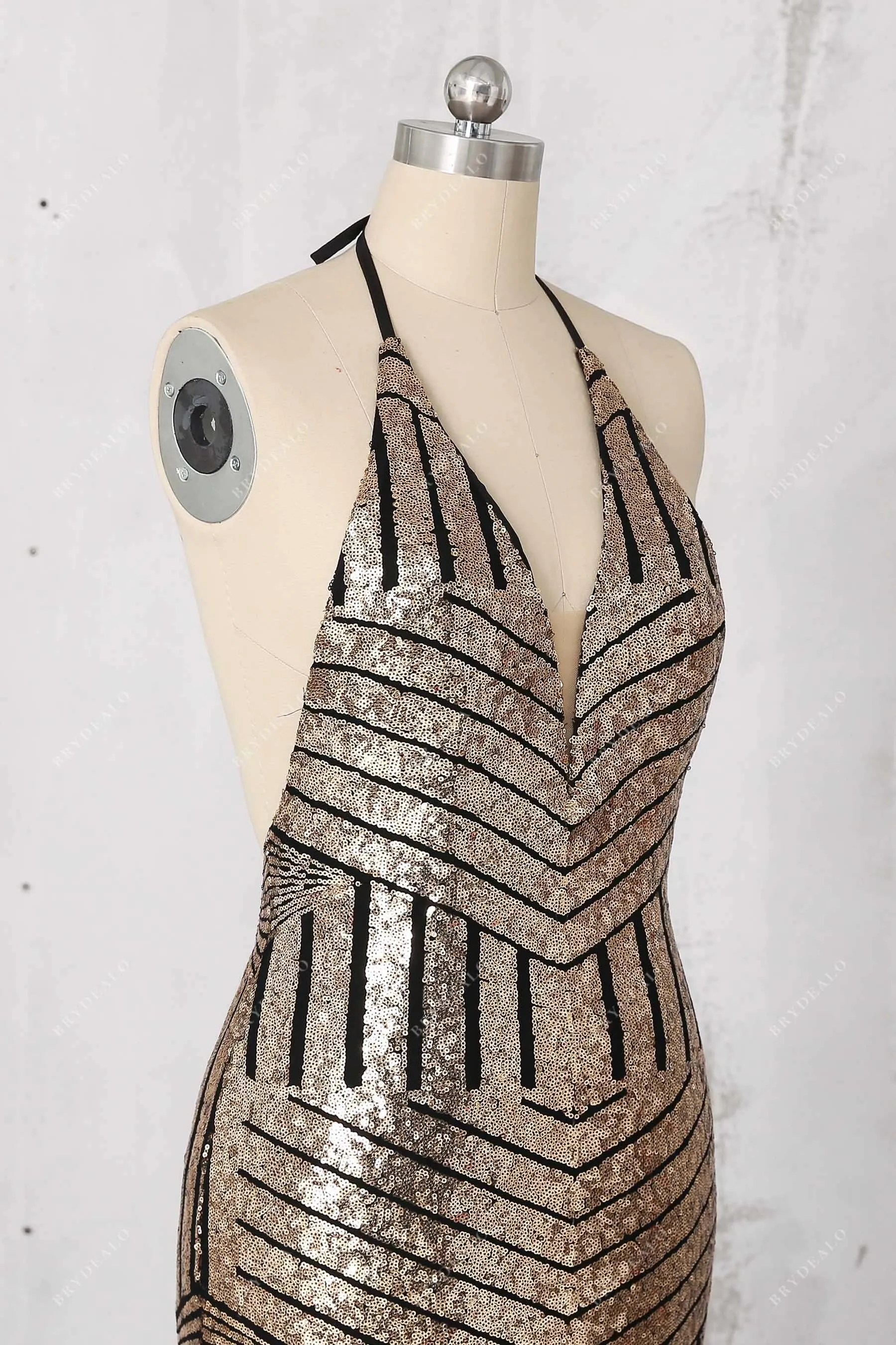 Black Base Gold Sequin Halter Backless Prom Dress