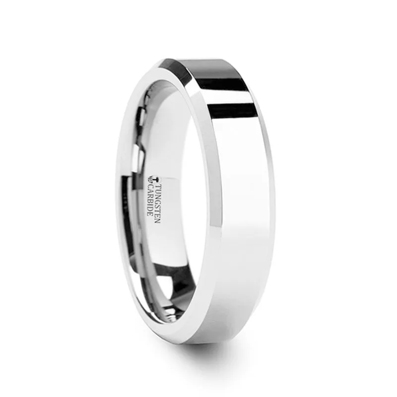 CORINTHIAN | Silver Tungsten Ring, Shiny, Beveled, 4mm, 6mm, 8mm