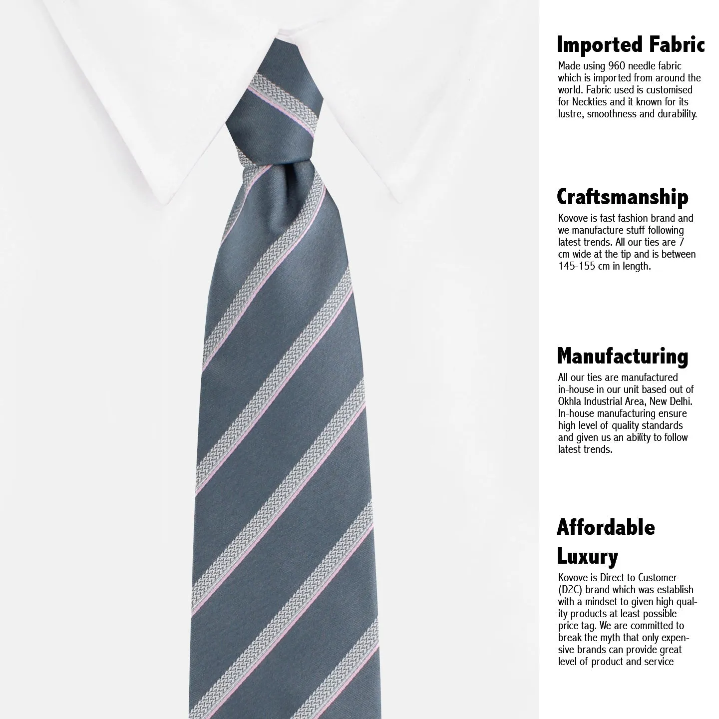 Kovove Elegant Gray Striped Neck Tie For Men