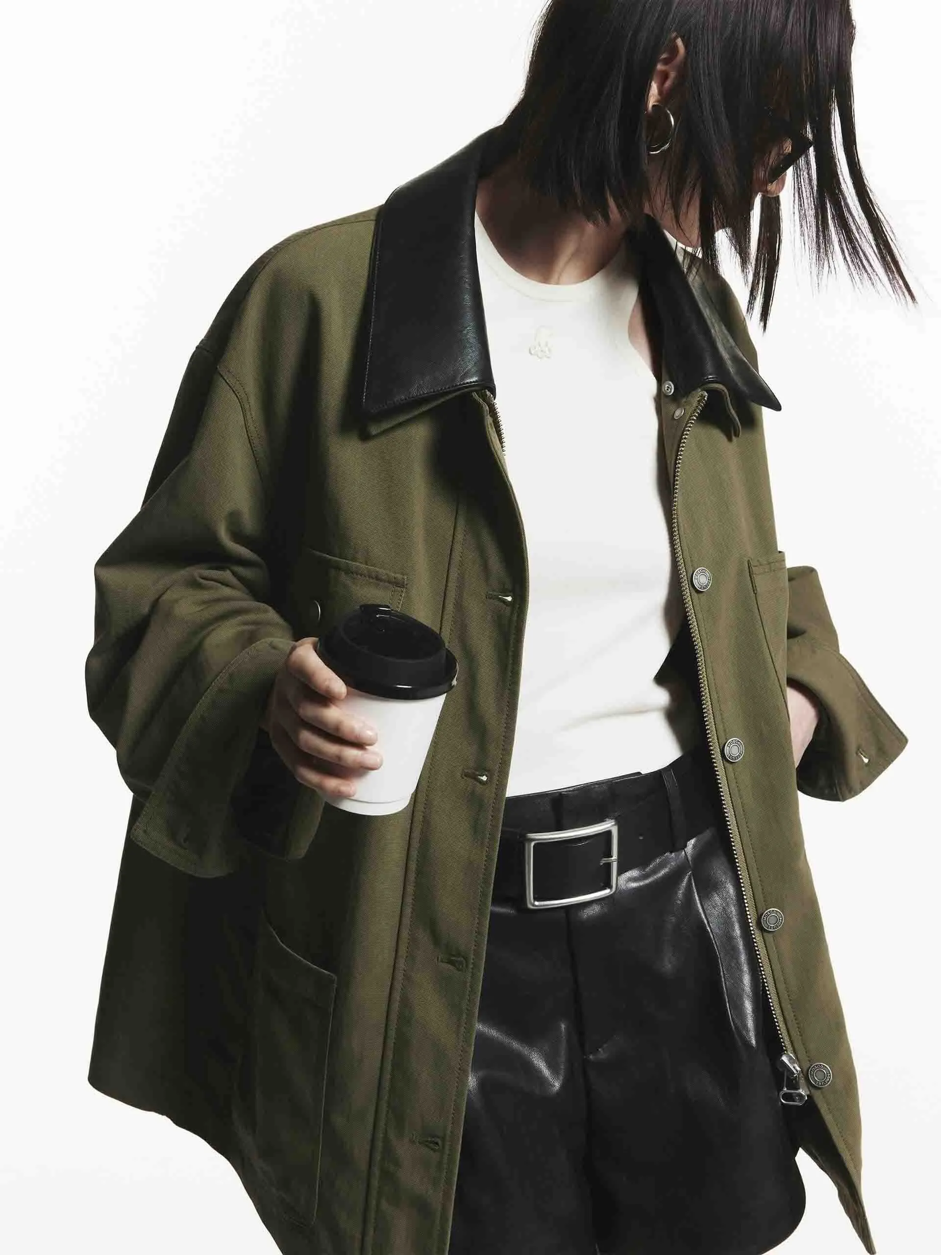 Leather Collar Loose Coat