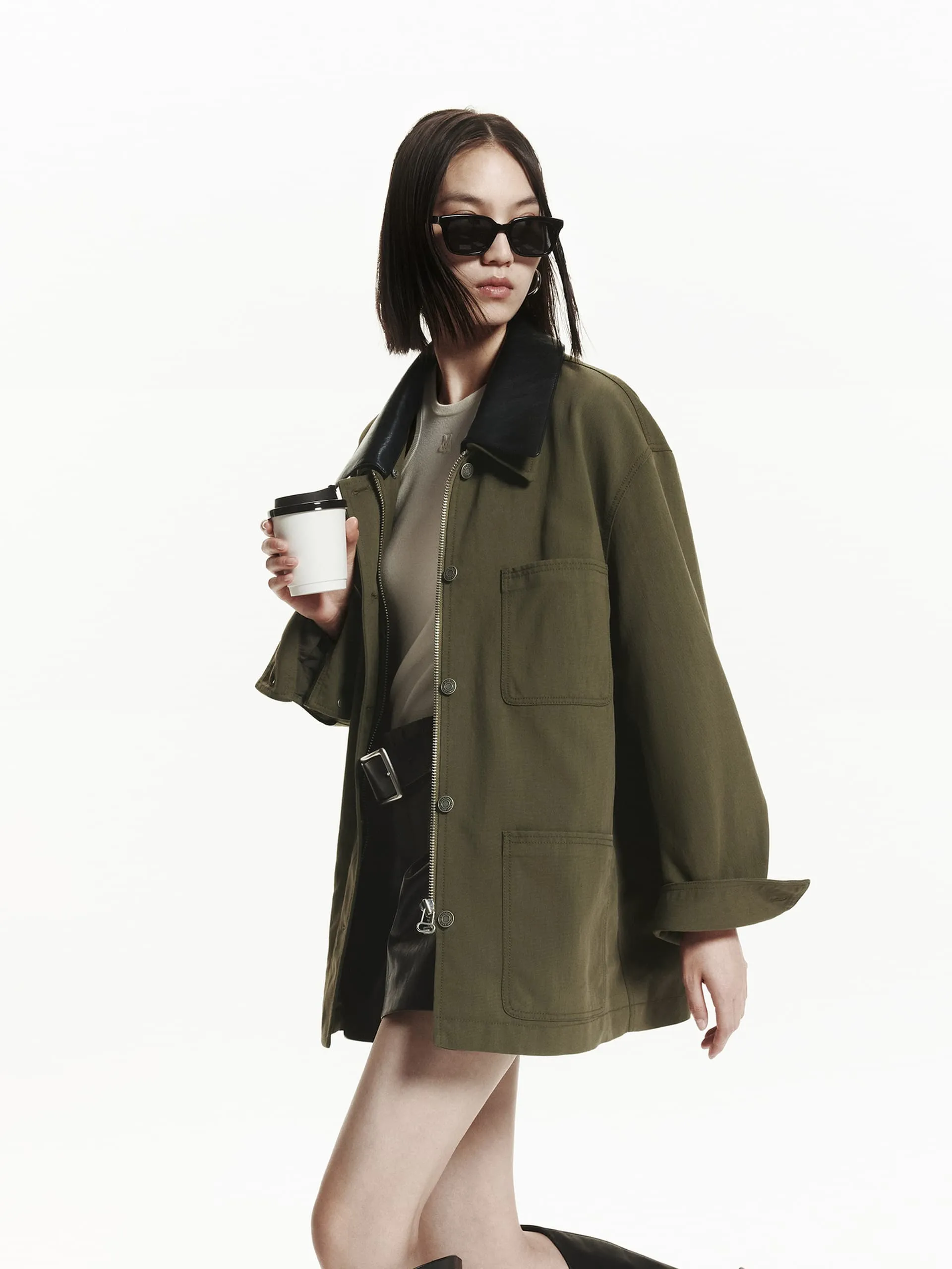 Leather Collar Loose Coat