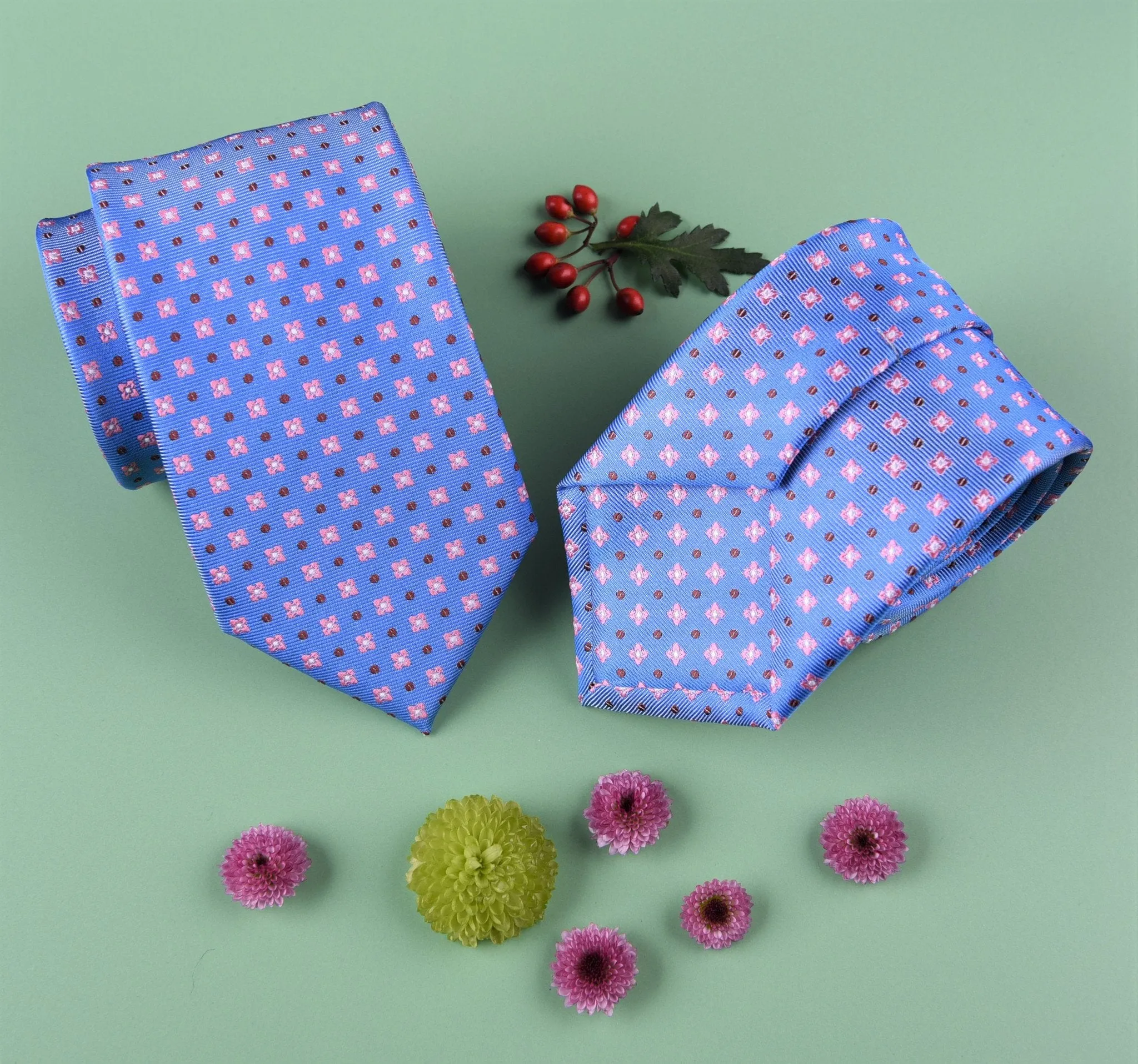 Pink Floral Red Cut Polka Dots Light Blue Skinny Woven Tie 3"