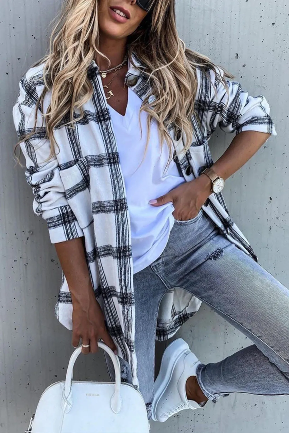 Pocket Plaid Long Sleeve Lapel Shirt
