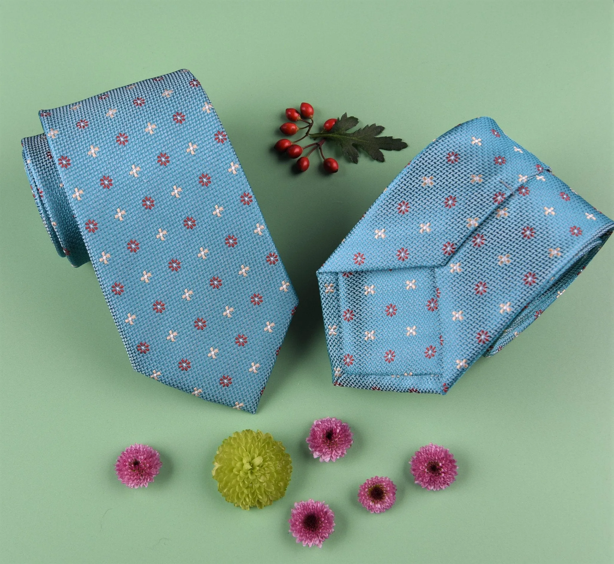 Red Floral Teal Geometric Neat Ripple Modern Woven Tie 3"