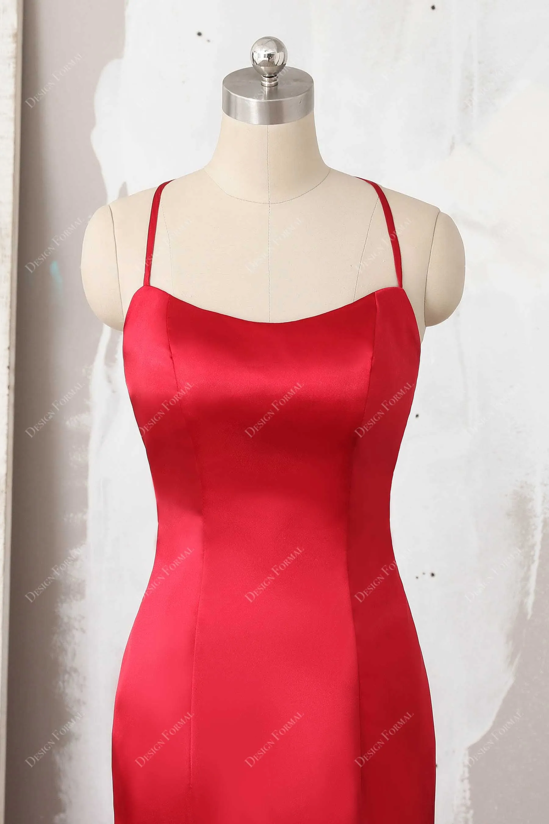 Red Satin Halter Strappy Back Sexy Slit Prom Simple Evening Dress