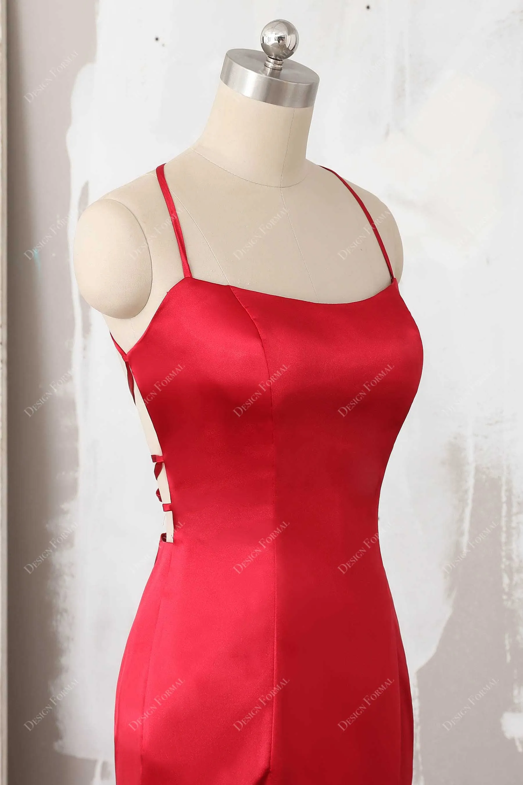 Red Satin Halter Strappy Back Sexy Slit Prom Simple Evening Dress