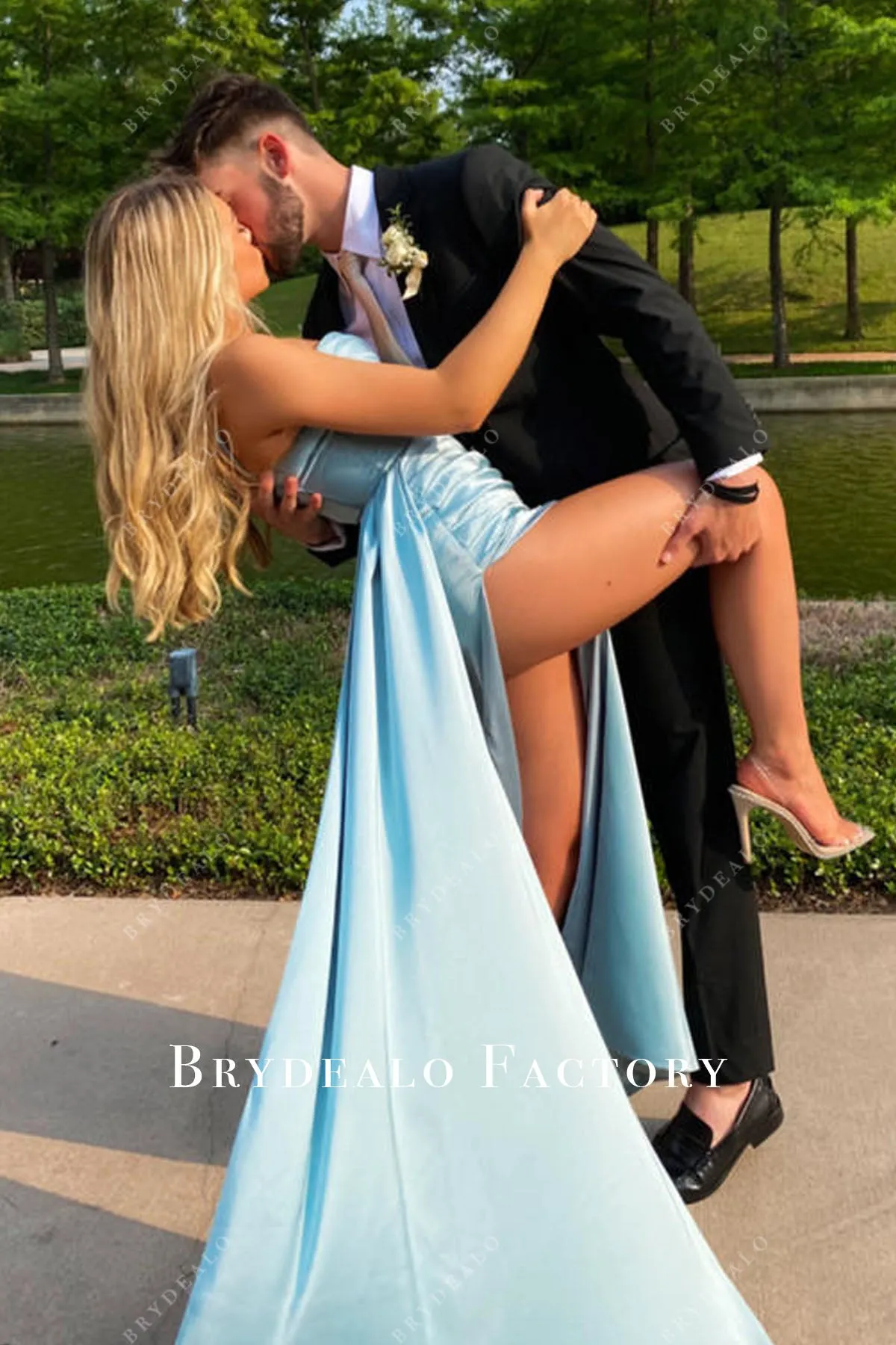 Sky Blue Cowl Neck Corset Custom Slit Satin Prom Formal Dress