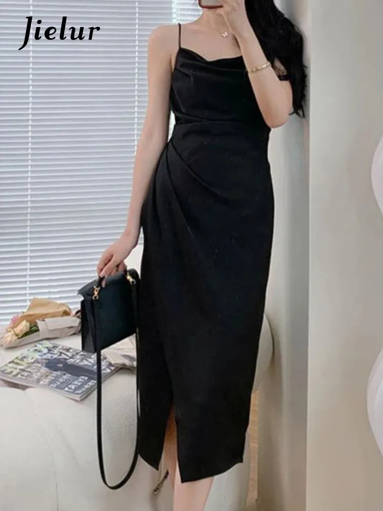 Summer Women Satin Strap Midi Sleeveless Split Dress Ruched Backless Bodycon Sexy Party Elegant Club Slim Clothes