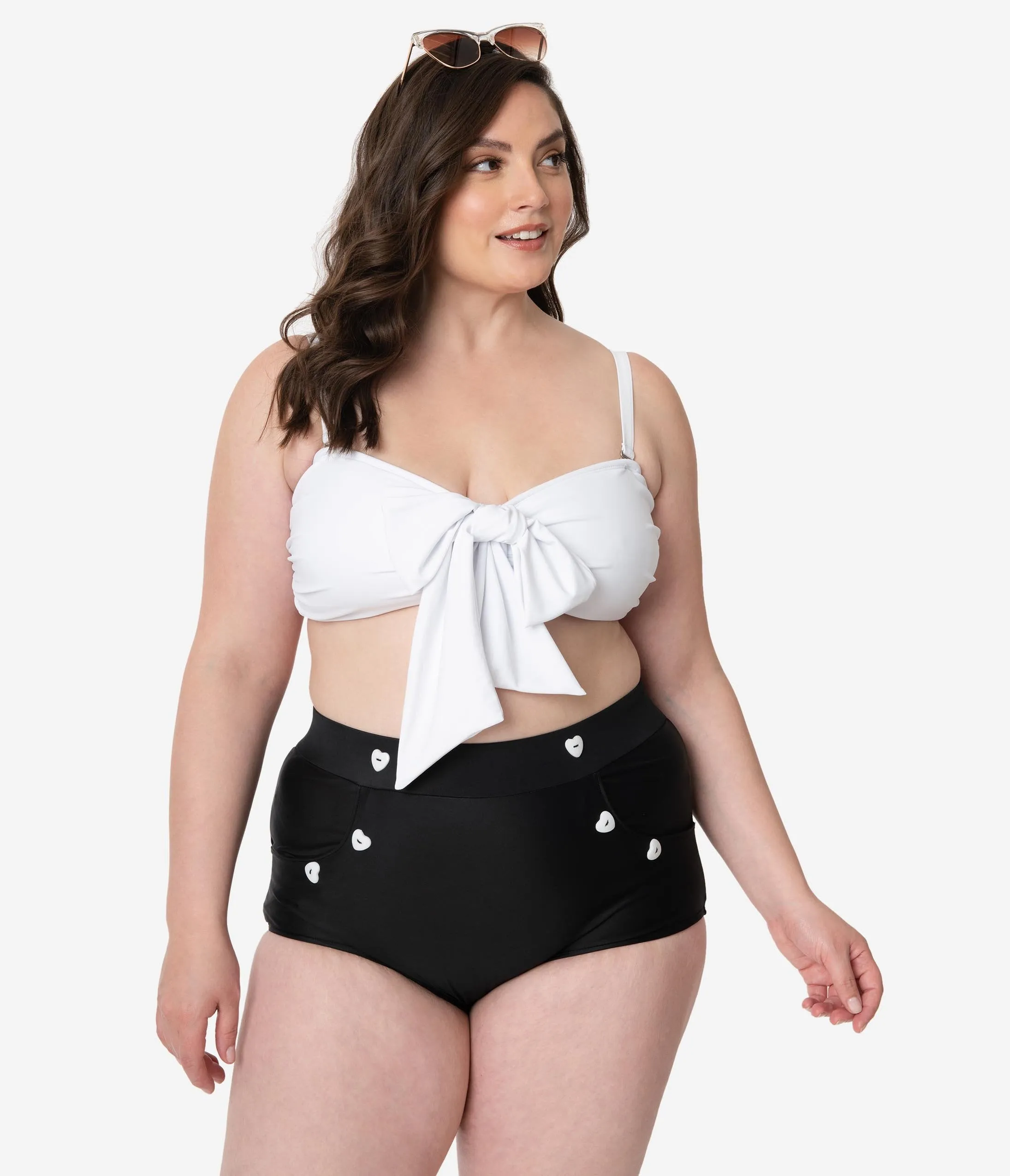 Unique Vintage Mrs. Cooper Black & White Heart Button Sailor Swim Shorts