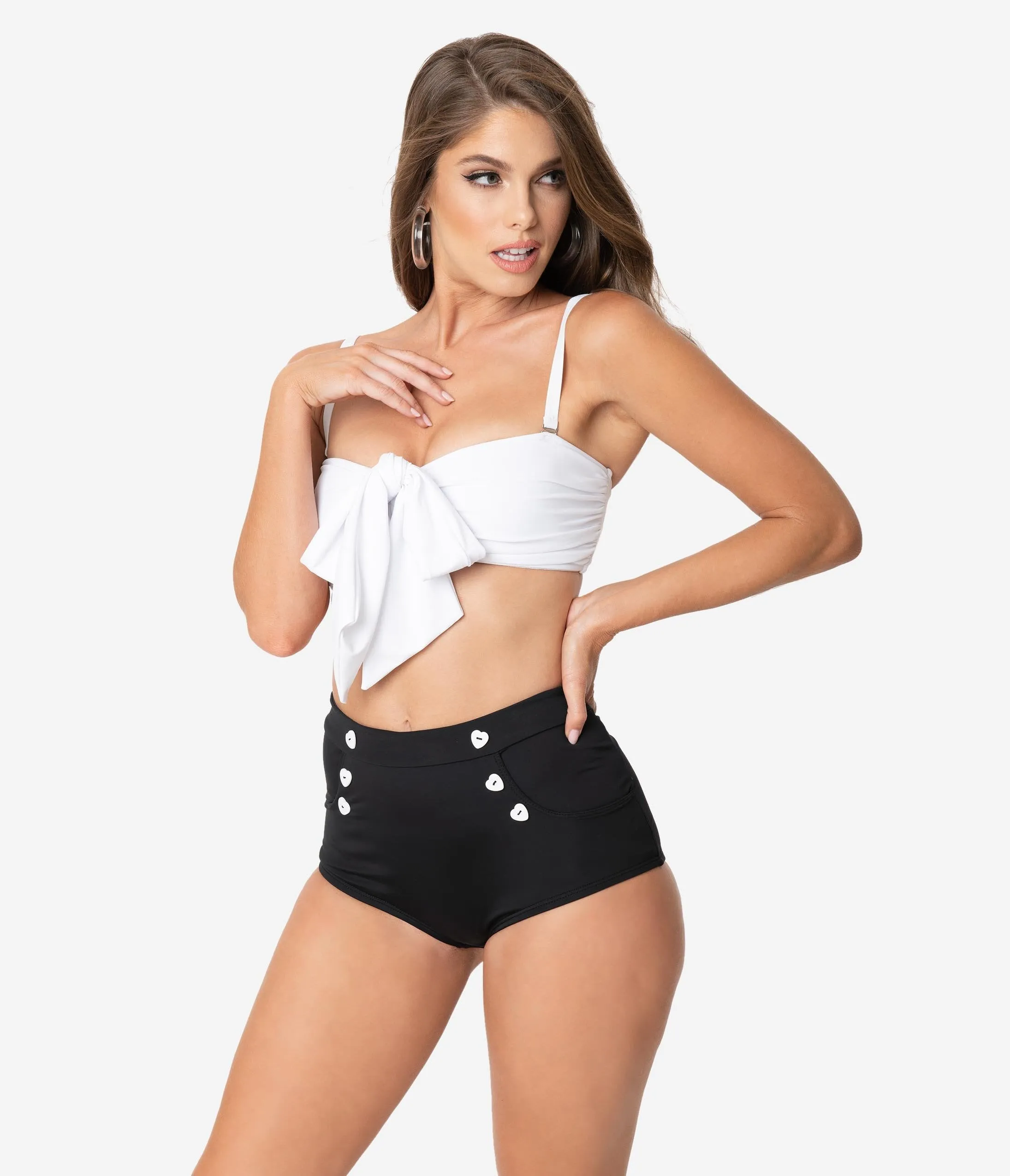 Unique Vintage Mrs. Cooper Black & White Heart Button Sailor Swim Shorts