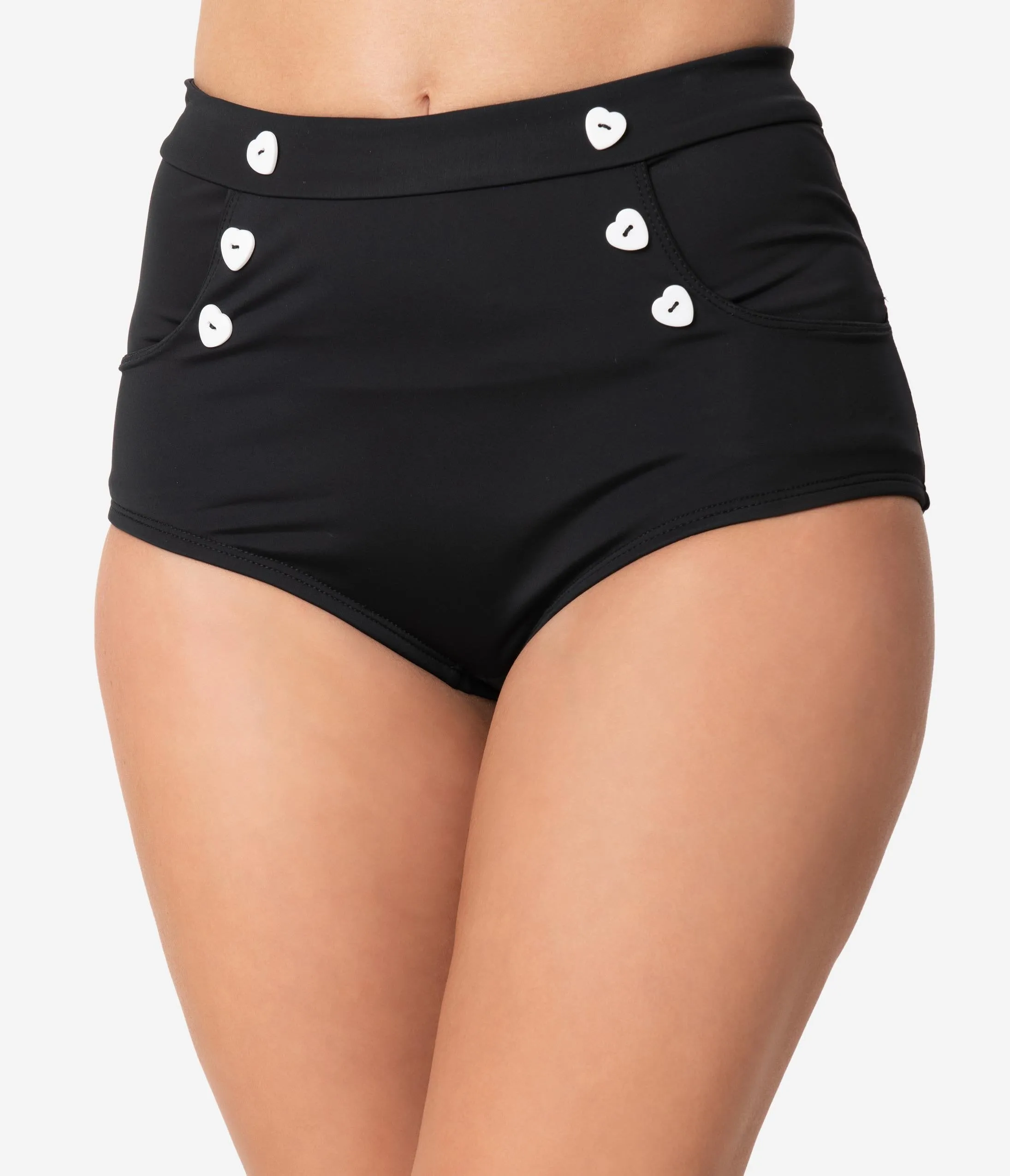 Unique Vintage Mrs. Cooper Black & White Heart Button Sailor Swim Shorts