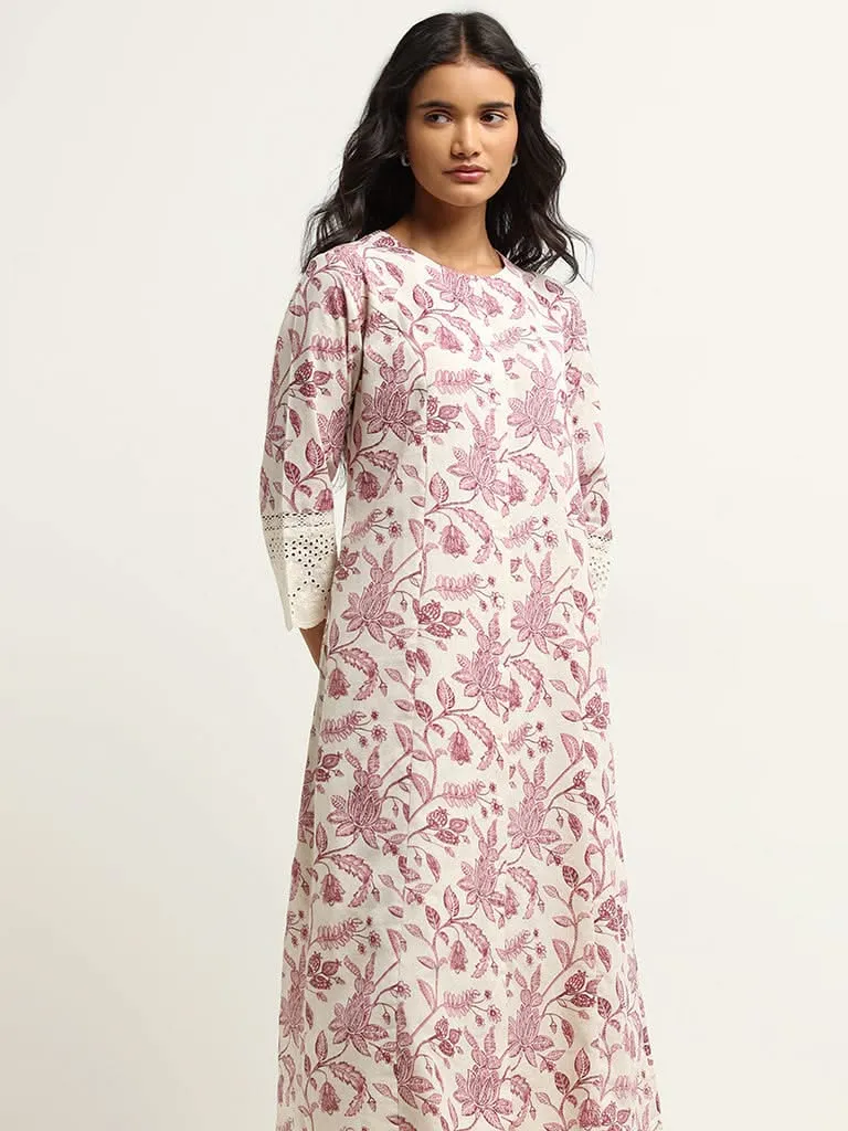Utsa Lilac Floral Print Blended Linen Kurta